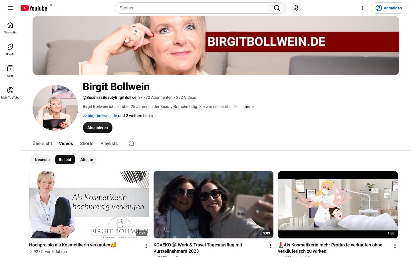 YouTube-Kanal von Birgit Bollwein mit mehr als 270 Videos